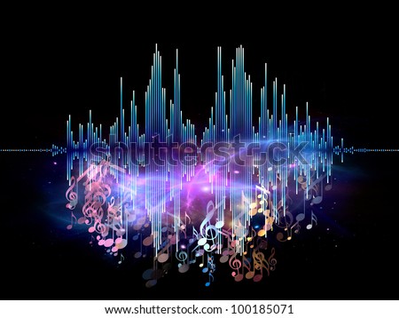 Interplay of graphic analyzer bars, music notes and abstract design elements on the subject of music, concert performance, sound and entertainment