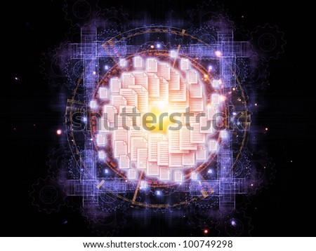 Backdrop on the subject of document processing, office paperwork, virtual workspace and cloud networking composed of document icons, lights and abstract design elements