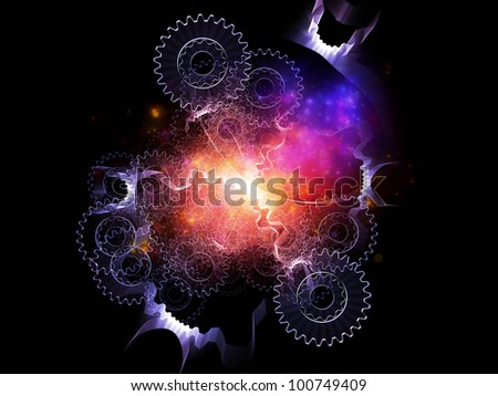 Design composed of abstract gears and lights as a metaphor on the subject of technology, processing, work and their internal dynamics