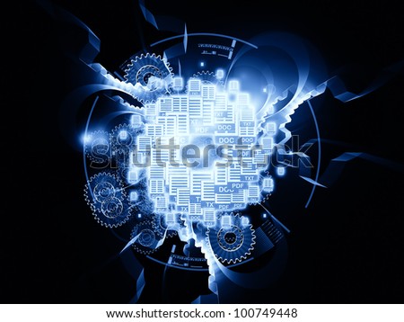 Design composed of document icons, lights and abstract design elements as a metaphor on the subject of document processing, office paperwork, virtual workspace and cloud networking
