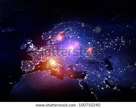 Rendering of city light map of Europe (courtesy of NASA) and abstract lights on the subject of technology in the modern world