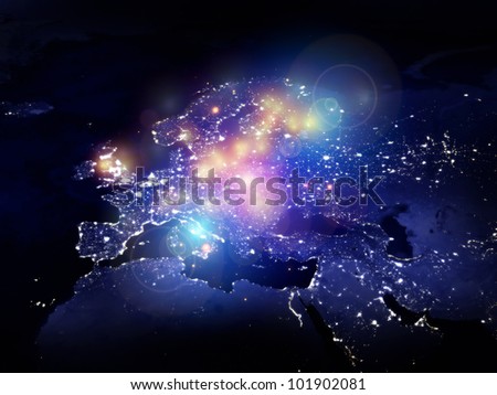 Rendering of city light map of Europe (courtesy of NASA) and abstract lights on the subject of technology in the modern world