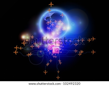 Design composed of plane, mail, package and abstract symbols  and lights as a metaphor on the subject of global mail and shipment