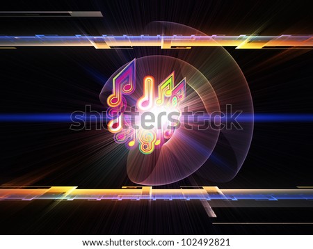Composition of musical notes, perspective fractal grids, lights, wave and sine patterns on the subject of music, sound equipment and processing, audio performance and entertainment