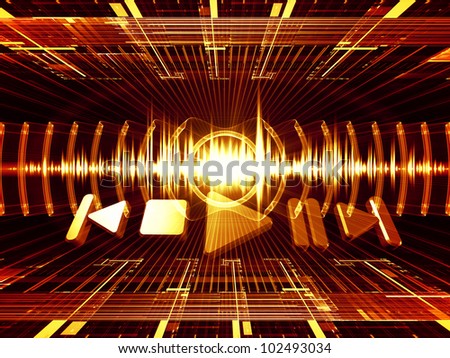 Abstract design made of player controls, perspective fractal grids, lights, wave and sine patterns on the subject of music, sound equipment and processing, audio performance and entertainment