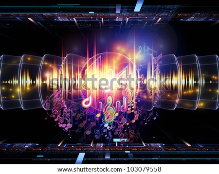 Design composed of musical notes, perspective fractal grids, lights, wave and sine patterns as a metaphor on the subject of music, sound processing, audio performance and entertainment