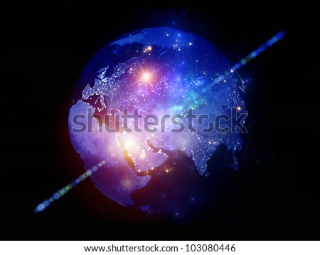 Rendering of city light map of Earth (courtesy of NASA) and abstract lights on the subject of technology in the modern world
