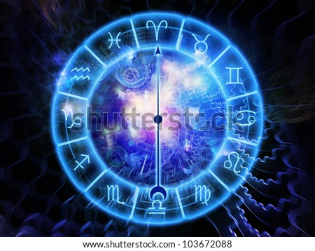 Composition of Zodiac symbols, gears, lights and abstract design elements on the subject of astrology, child birth, fate, destiny, future, prophecy, horoscope and occult beliefs