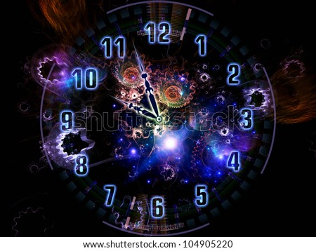 Composition of clock hands, gears, lights and abstract design elements with metaphorical relationship to time sensitive issues, deadlines, scheduling, temporal processes, past, present and future