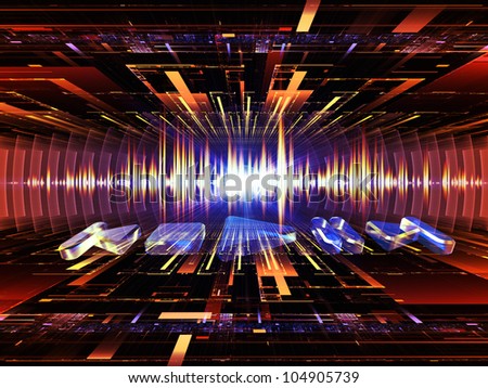 Background design of player controls, perspective fractal grids, lights, wave and sine patterns on the subject of music, sound equipment and processing, audio performance and entertainment
