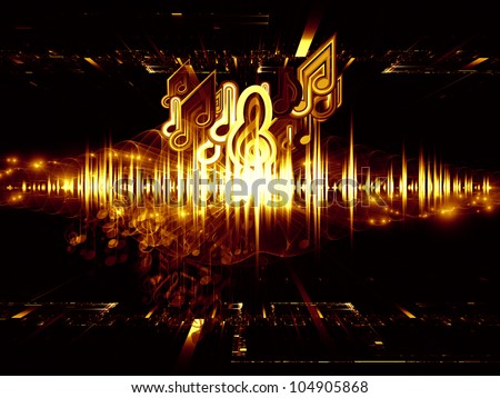 Composition of musical notes, perspective fractal grids, lights, wave and sine patterns on the subject of music, sound equipment and processing, audio performance and entertainment
