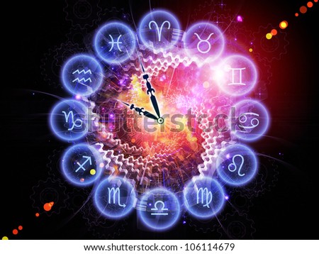 Composition of Zodiac symbols, gears, lights and abstract design elements suitable as a backdrop for the projects on astrology, child birth, fate, destiny, future, horoscope and occult beliefs