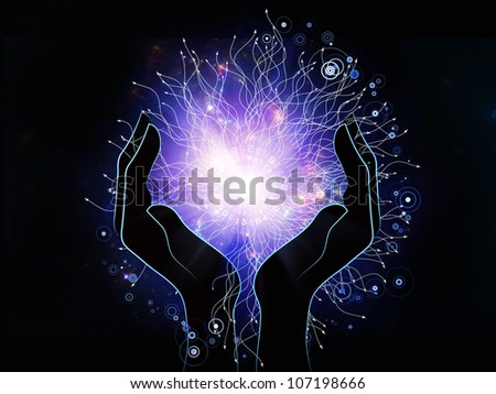 Arrangement of human hands, technological design and light on the subject of energy, science and technology