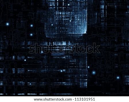 Deep Networking series. Creative arrangement of industrial grunge texture, numbers and dark gradients as a concept metaphor on subject of computing, industrial design and modern technology