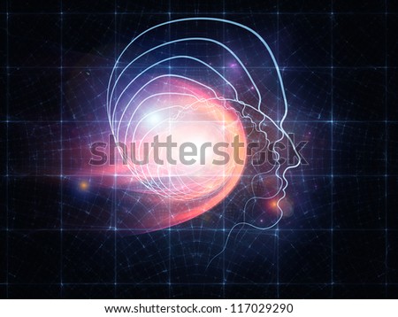 Backdrop of human head and fractal grids on the subject of intelligent design, science and technology