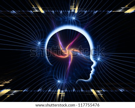 Backdrop of human head and fractal grids on the subject of science, technology and intelligent life in the Universe