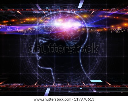 Artistic background for use with projects on intelligence,  consciousness, logical thinking, mental processes and brain power, made of head outlines, lights and abstract design elements