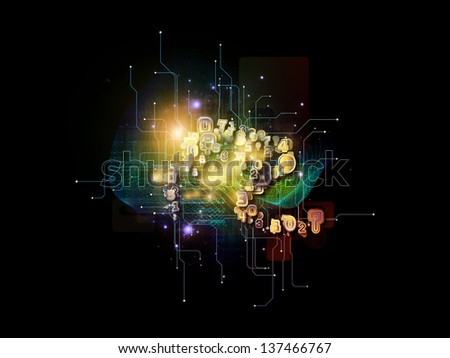 Design made of symbols, lights, fractal elements to serve as backdrop for projects related to digital communications, science and virtual cloud technology
