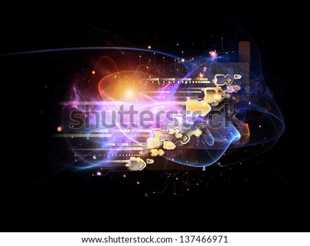 Design made of symbols, lights, fractal elements to serve as backdrop for projects related to digital communications, science and virtual cloud technology