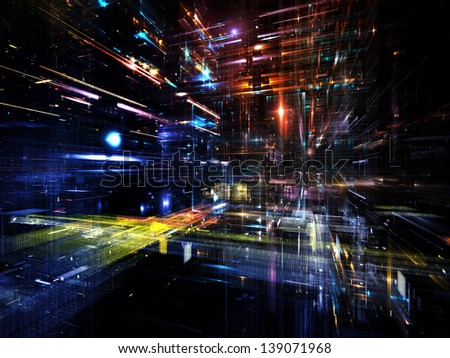 Fractal City series. Artistic background made of three dimensional fractal structures and lights for use with projects on technology, communications, education and science