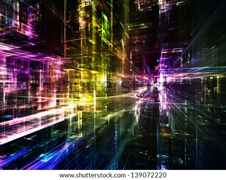 Fractal City series. Creative arrangement of three dimensional fractal structures and lights as a concept metaphor on subject of technology, communications, education and science