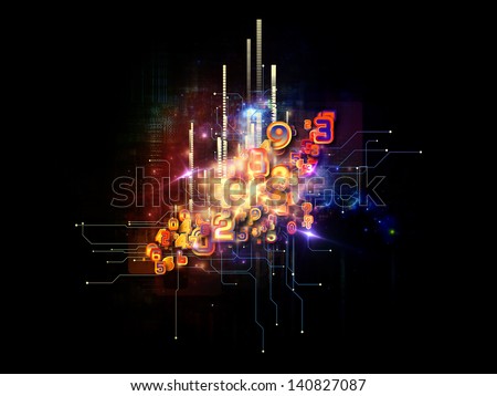 Background design of symbols, lights, fractal elements on the subject of digital communications, science and virtual cloud technology