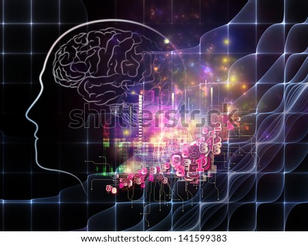 Arrangement of human head, brain and numeric design element on the subject of science, education and technology