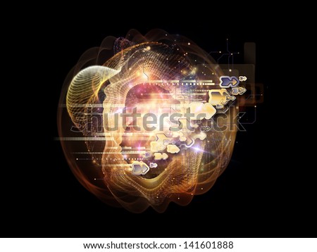 Graphic composition of symbols, lights, fractal elements to serve as complimentary design for subject of digital communications, science and virtual cloud technology