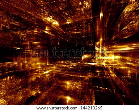 Fractal City series. Backdrop composed of three dimensional fractal structures and lights and suitable for use in the projects on technology, communications, education and science