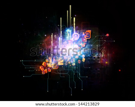 Arrangement of symbols, lights, fractal elements on the subject of digital communications, science and virtual cloud technology