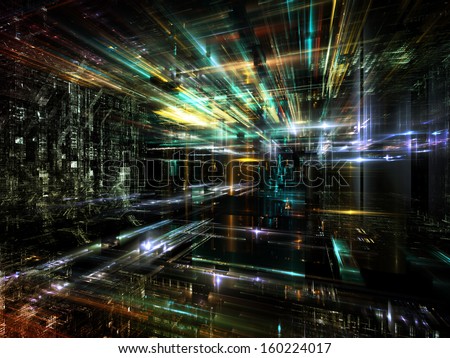 Fractal City series. Backdrop design of three dimensional fractal structures and lights to provide supporting element for illustrations on technology, communications, education and science