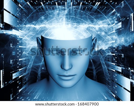 Background design of human head and symbolic elements on the subject of human mind, consciousness, imagination, science and creativity