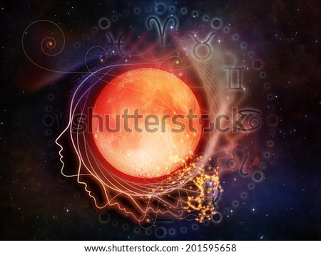 Inner Moon series. Backdrop of moon, human profile and astrological symbols on the subject of spirit world, dreams, imagination, astrology and the mind