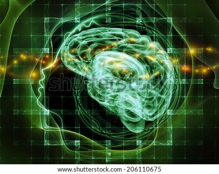 Human Mind series. Background design of brain, human outlines and fractal elements on the subject of technology, science, education and human mind
