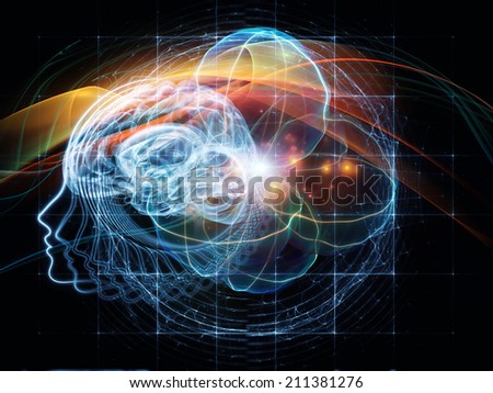 Human Mind series. Composition of brain, human outlines and fractal elements on the subject of technology, science, education and human mind