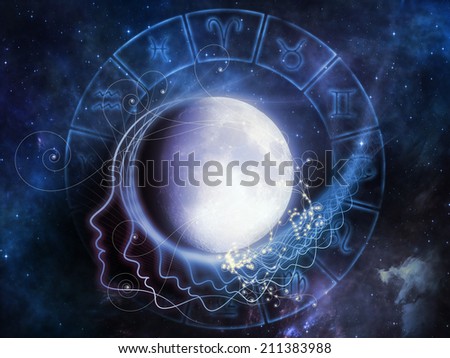 Inner Moon series. Design composed of moon, human profile and astrological symbols as a metaphor on the subject of spirit world, dreams, imagination, astrology and the mind