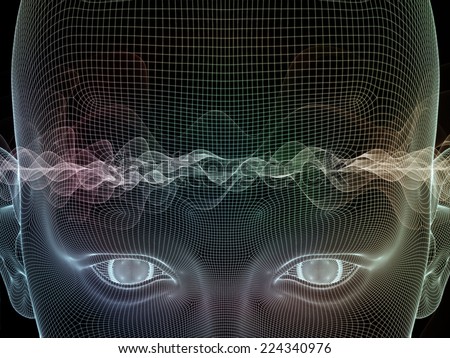 Frame of Mind series. Backdrop design of human face wire-frame and wave elements to provide supporting composition for works on mind, reason, thought, mental powers and mystic consciousness