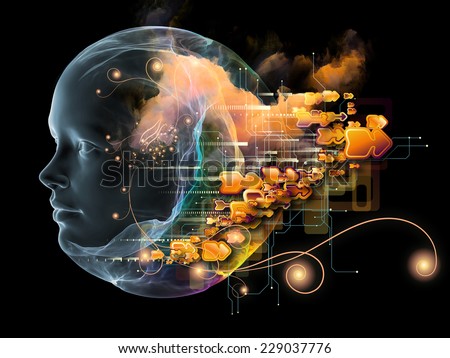 Next Generation AI series. Interplay of fusion of human head and fractal shape on the subject of mind, consciousness and spirituality