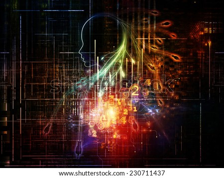 Artificial Intelligence series. Background design of human profile and numbers on the subject of thinking, logic, computers and future technology