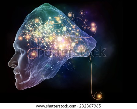 Next Generation AI series. Arrangement of fusion of human head and fractal shape on the subject of mind, consciousness and spirituality