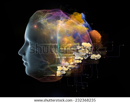 Next Generation AI series. Background design of fusion of human head and fractal shape on the subject of mind, consciousness and spirituality