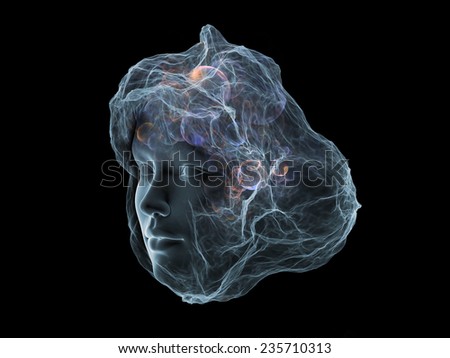 Next Generation AI series. Design composed of fusion of human head and fractal shape as a metaphor on the subject of mind, consciousness and spirituality