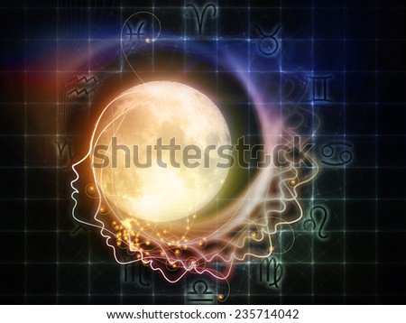 Inner Moon series. Background design of moon, human profile and astrological symbols on the subject of spirit world, dreams, imagination, astrology and the mind