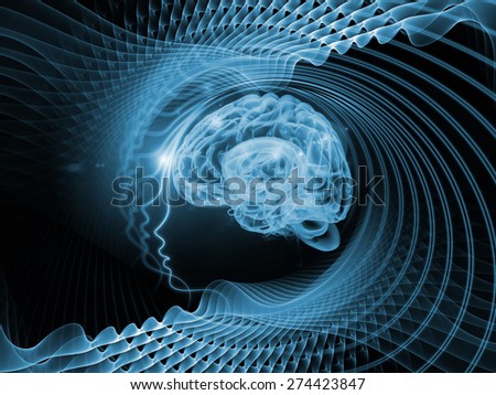 Human Mind series. Composition of brain, human outlines and fractal elements with metaphorical relationship to technology, science, education and human mind