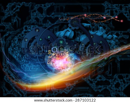 Behind Reality series. Creative arrangement of gears, fractal forms, lights and numbers as a concept metaphor on subject of reality, philosophy, metaphysics and modern technology