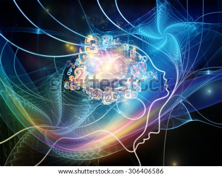Connected Minds series. Arrangement of human profiles, wires, shapes and abstract elements on the subject of mind, artificial intelligence, technology, science and design