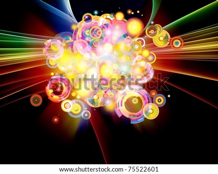 Dynamic burst of abstract color forms and lights against dark background on the subject of positive energy, action and joy