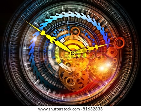 Interplay of elements of a clock and abstract elements on the subject of time, progress, past, present and future of technology