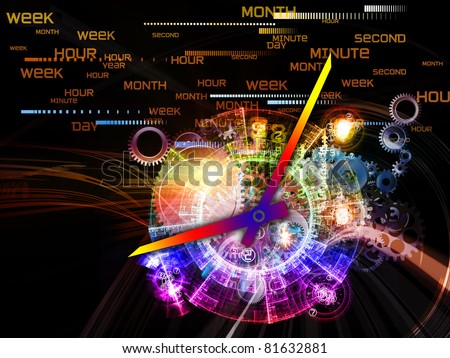 Interplay of elements of a clock and abstract elements on the subject of time, progress, past, present and future of technology