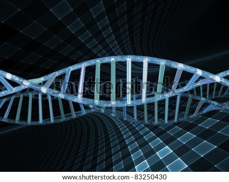 Organic DNA spiral rendered in light blue against abstract background